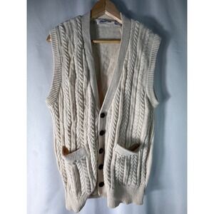 VTG Haband Mens Cable Knit Cardigan Cream V-Neck Button Front Pockets Size M